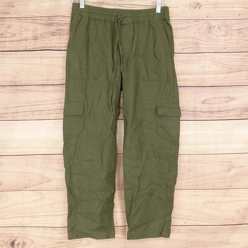 J.Crew Pants Womens 2 Green Linen Cargo Straight Crop Elastic Waist 29x25
